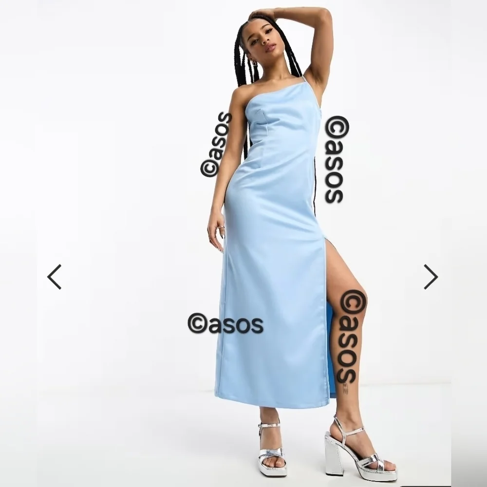 ASOS | One Shoulder Prom Dress w/ Slit in Baby Blue Satin sz 6